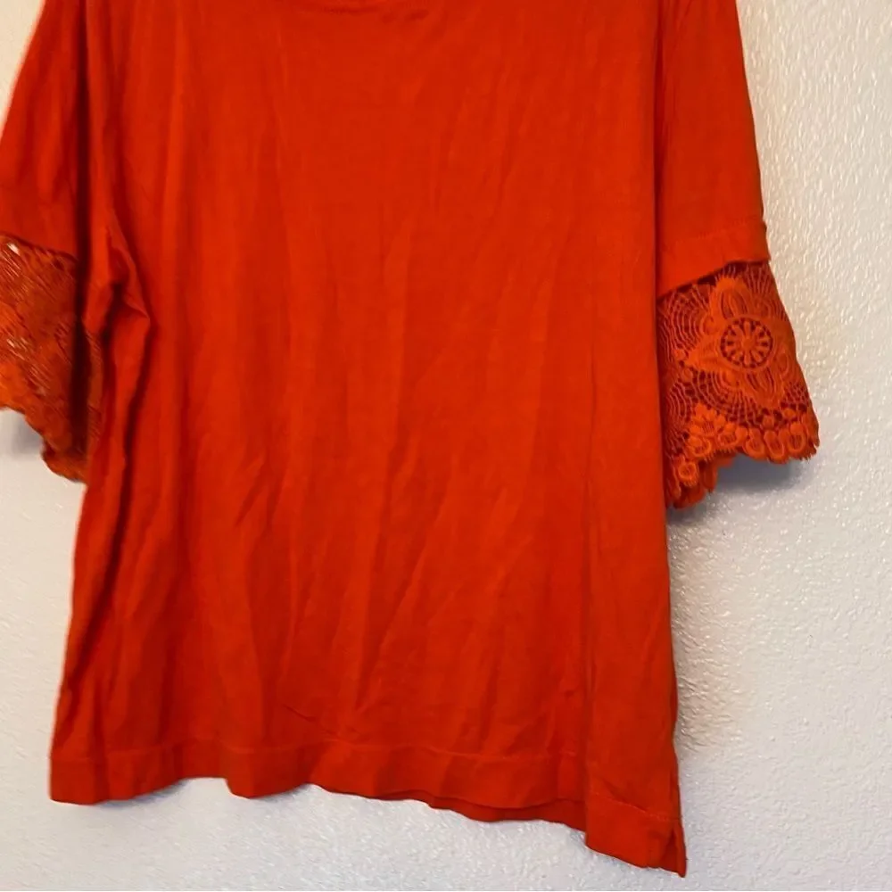 J Crew neck Lace embroidered Sleeve blouse Tee Sunset red orange cotton S